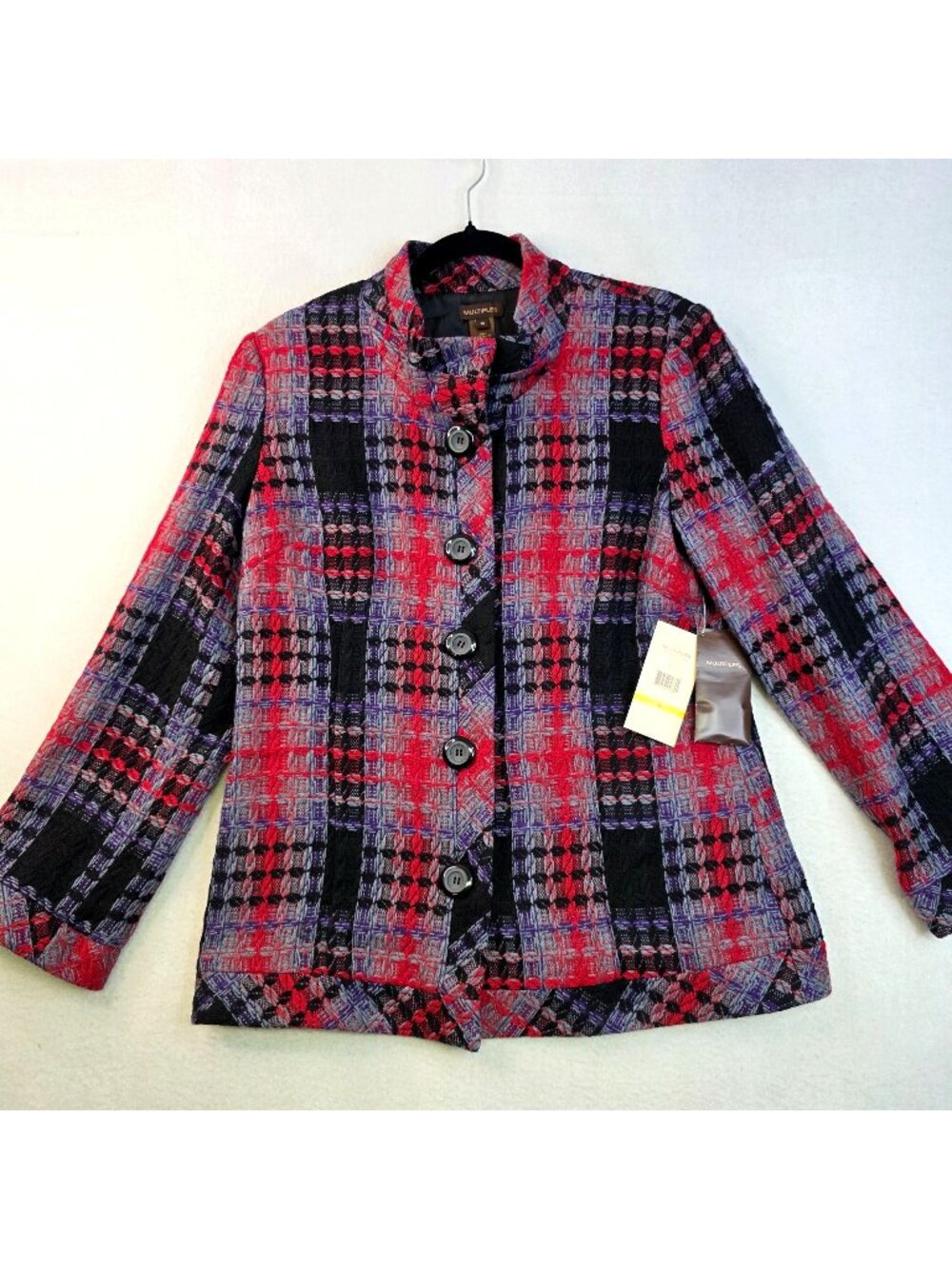 NEW Multiples M Plaid Textured Jacket Red Black Purple Artsy Statement Blazer